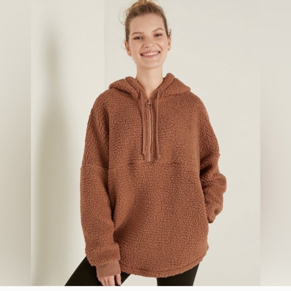 Victoria's Secret PINK Varsity Cozy Sherpa Half Zip Hoodie Brown Medium